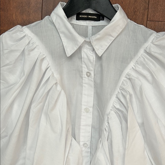 Khosi Nkosi African Elevated White Button Down Top with Ruffles, Size Small - Picture 3 of 16